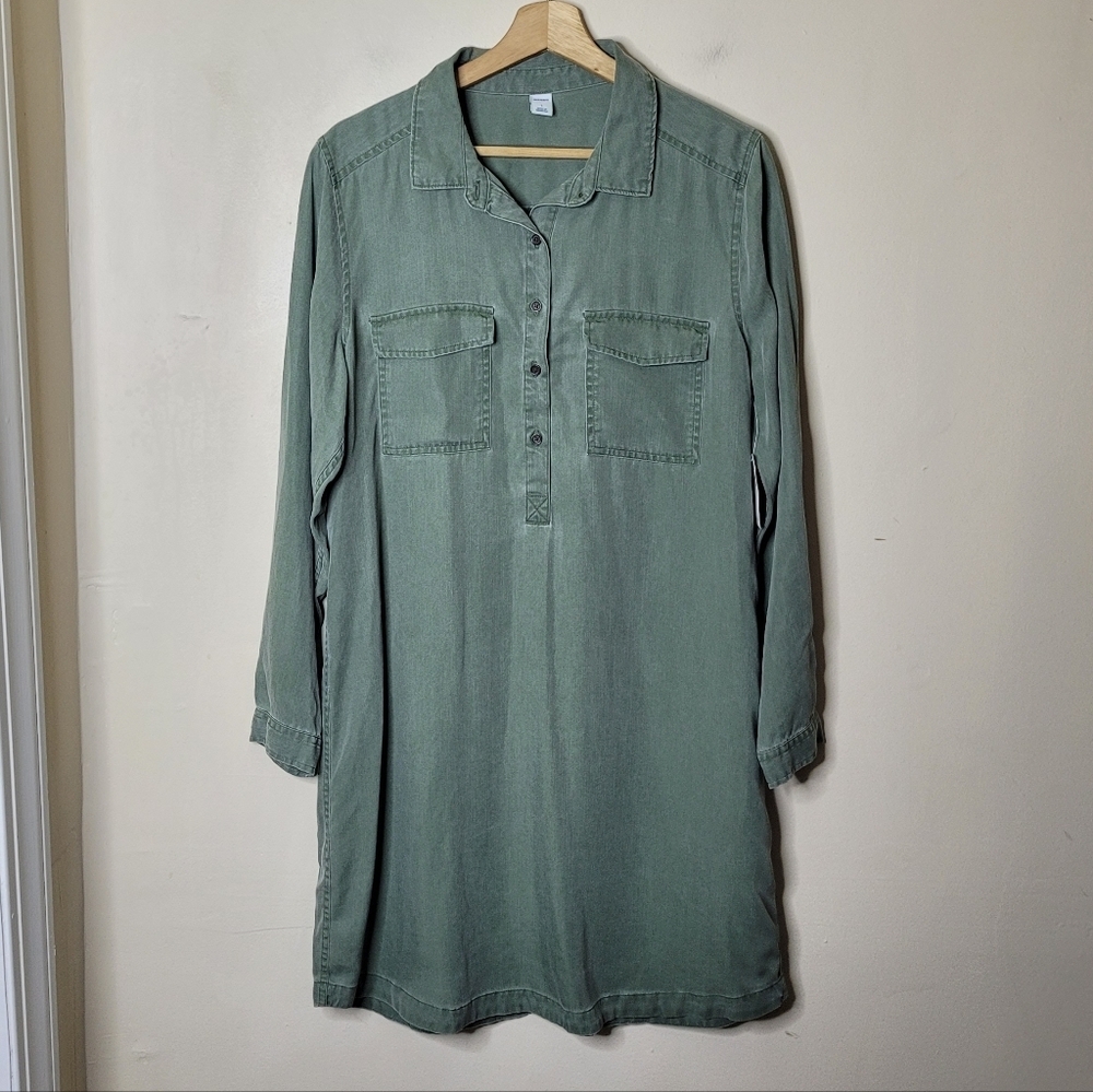 Old Navy Faded Twill Long Sleeve Shirt Dress In Matcha Green Size L NWT - Picture 2 of 9